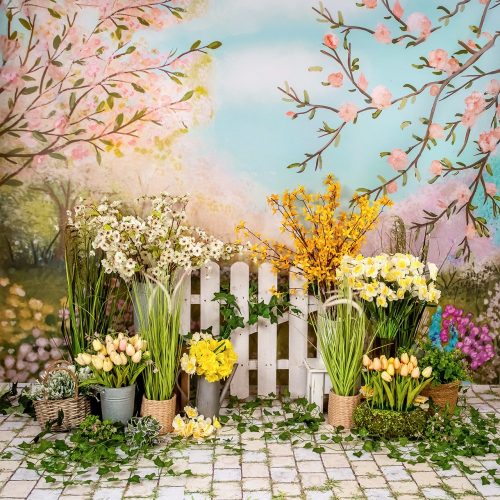 Virágzó tavasz házikóval vászon fotós háttér 225x150 cm