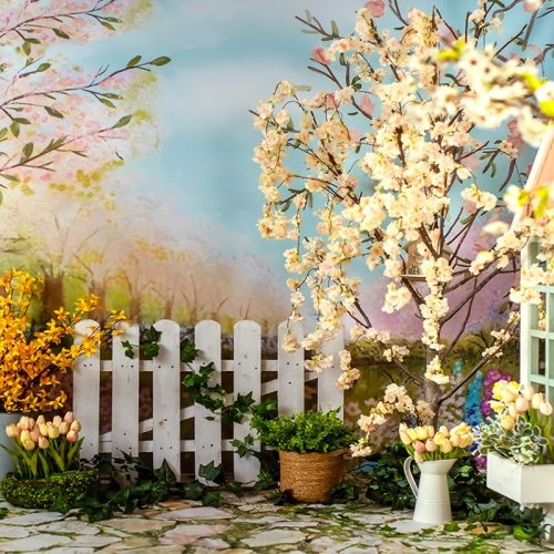 Virágzó tavasz házikóval poly fotós háttér 240x160 cm