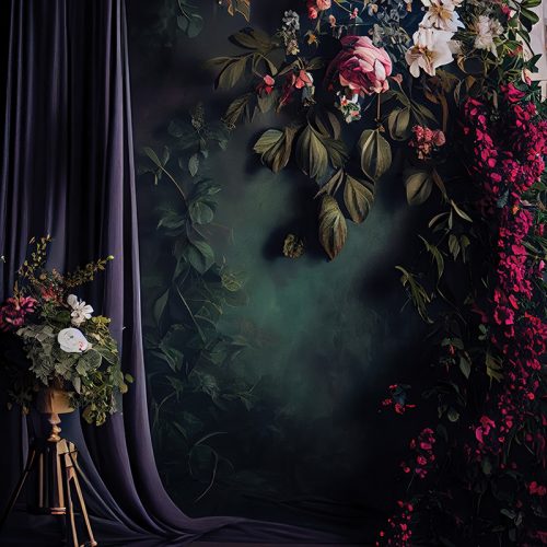 Virágos zöld fal lila drapériával fabric fotós háttér 220x147 cm