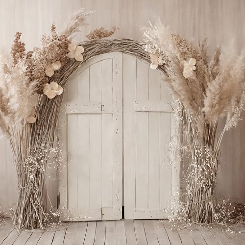 Bézs kapu virágokkal poly fotós háttér 240x160 cm