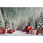 Festett havas fenyőfák piros díszekkel poly fotós háttér 240x160cm